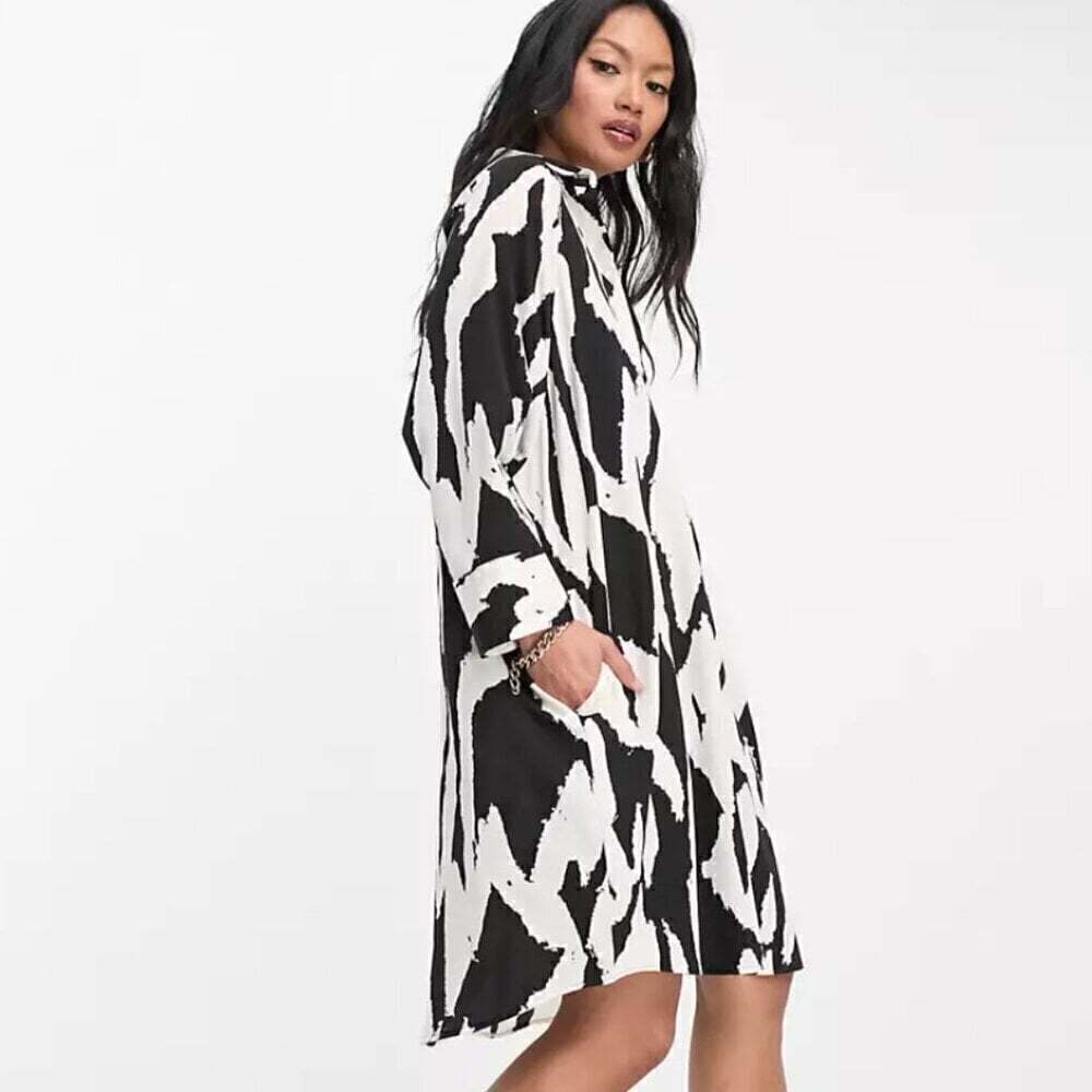 Monki mini shirt dress in black and cream print